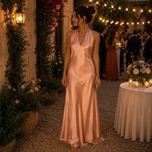 Show Me Your Mumu XXS Champagne Satin Halter Open Back Maxi Bridesmaid Dress